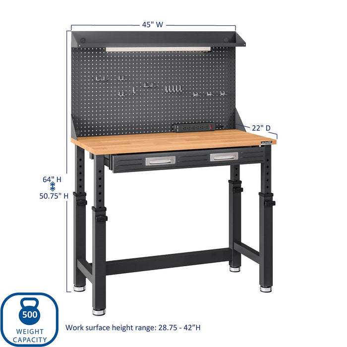 Seville Classics UltraHD Height Adjustable Lighted Work Center, 45"W x 22"D x 50.75-64"H - new