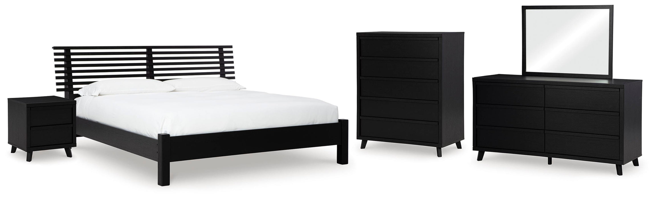 Danziar Black Danziar Queen Slat Panel Bed, Dresser, Mirror, Chest and Nightstand