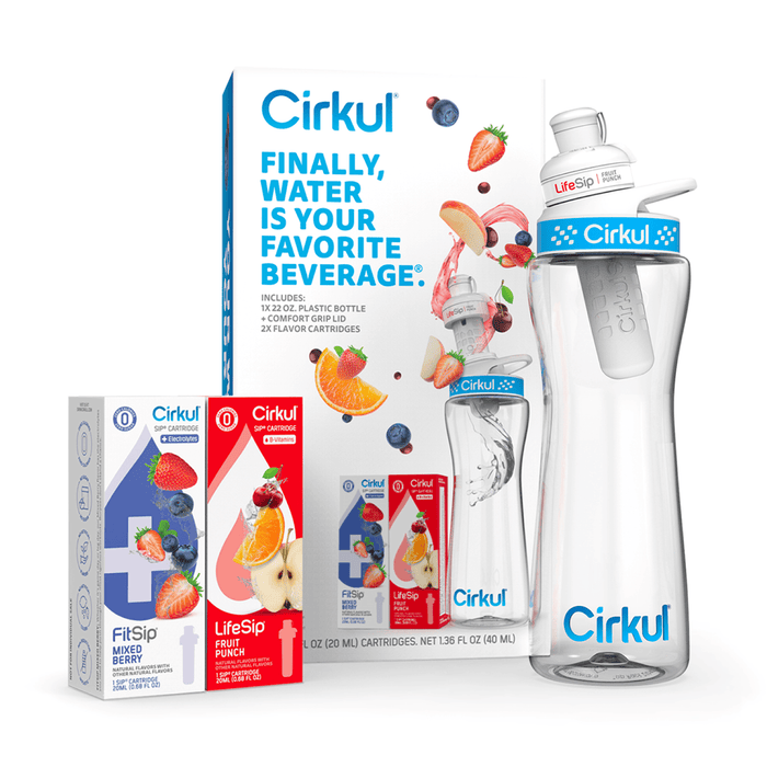 Cirkul 22 oz Plastic Water Bottle Starter Kit with Blue Lid and 2 Flavor Cartridges (Fruit Punch & Mixed Berry) - new