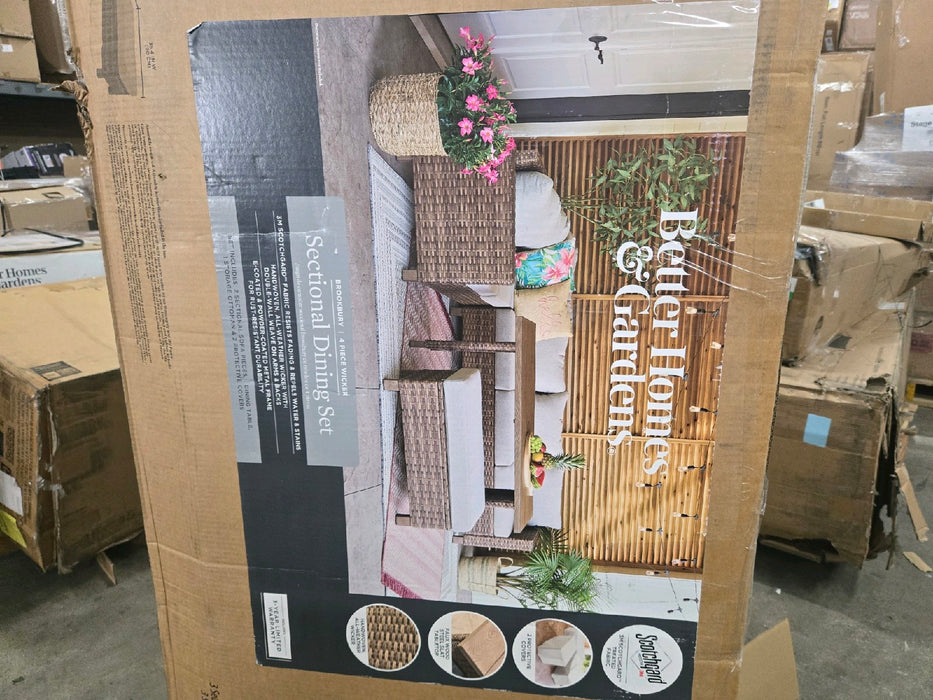 Better Homes & Gardens Brookbury 4 Piece Outdoor Wicker Patio Sectional Dining Set, Gray Cushions - new