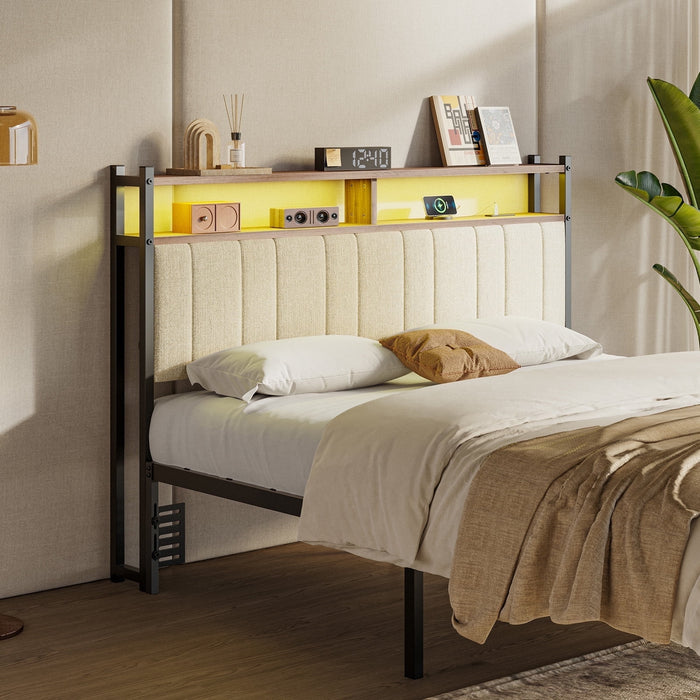 Pinmoco Upholstered Headboard for Queen Bed with Storage, Linen Head Board with LED Light and Charging Station, Beige, Headboard Only(Bed Frame Not Included) - new