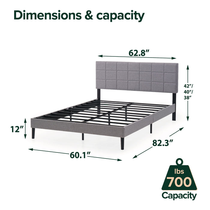 Mainstays Gray Upholstered Square Tufted Platform Bed, No Box Spring Needed, Queen - new