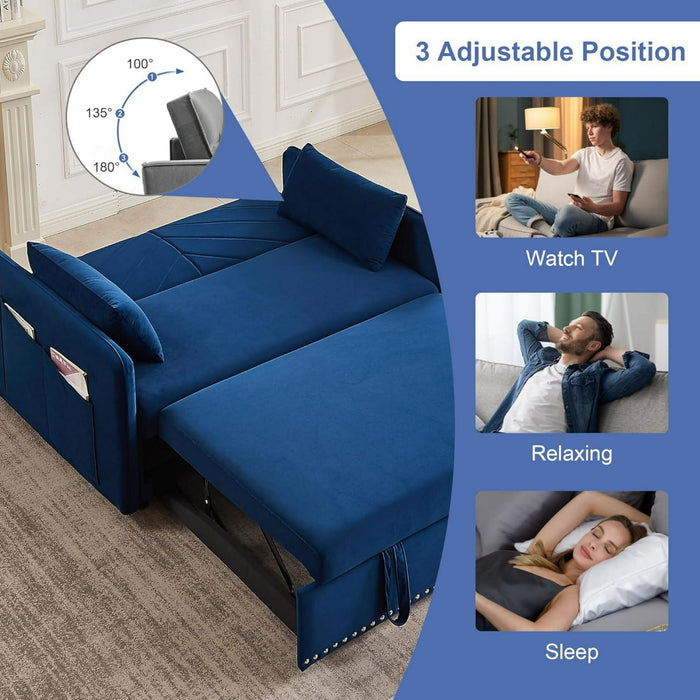 DEALTOPS Pull Out Sofa Bed, Convertible Loveseat Sleeper Sofa with USB Ports and Side Pockets, Blue - open_box