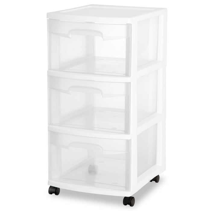 Sterilite 3 Drawer Cart, Clear Plastic Storage Drawers, Wheels Included, White - new