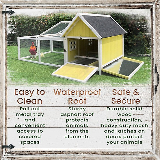 Hanover Outdoor Elevated Wooden Chicken Coop with Ramp, 3 Chicken Capacity, Large Wire Mesh Run, Waterproof Roof, Removable Tray - new