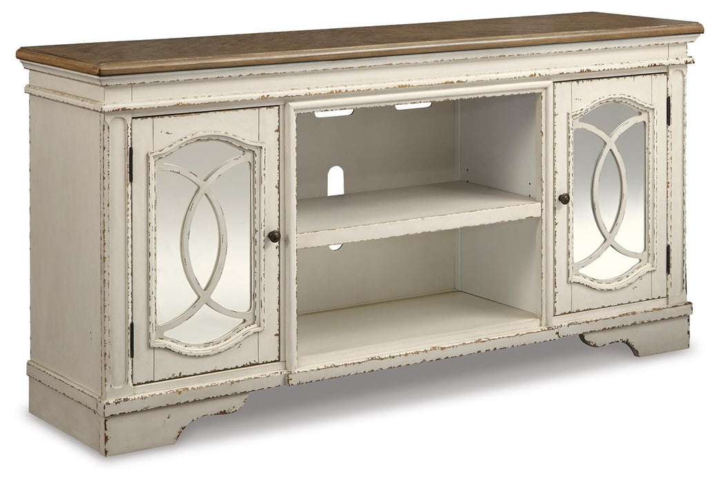 Realyn Chipped White XL TV Stand w/Fireplace Option