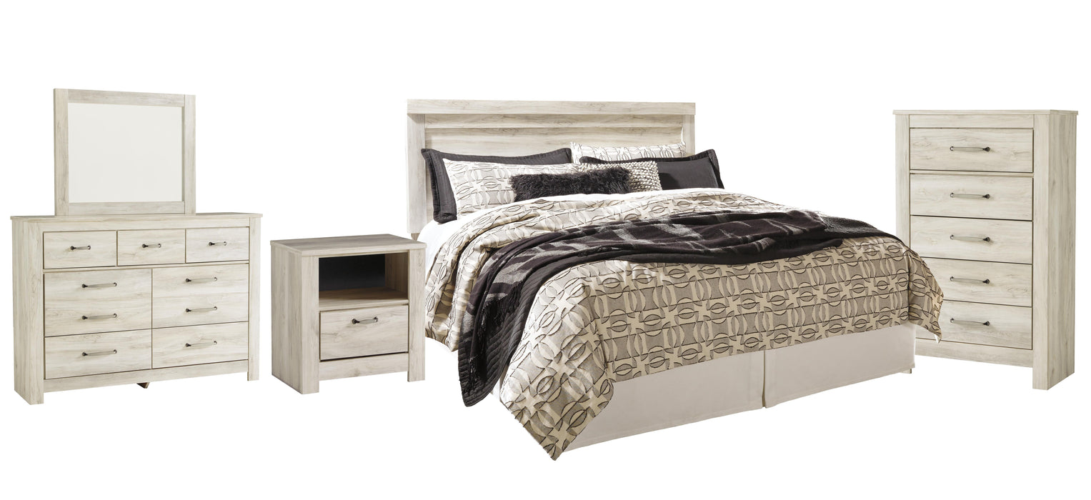 Bellaby Whitewash Bellaby King Panel Headboard Bed with Mirrored Dresser, Chest and Nightstand