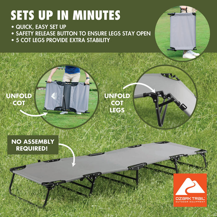 Ozark Trail Camping Folding with Easy Setup Cot, Gray, Adult,75.6in x 25 in x 8.46in, Polyester - new
