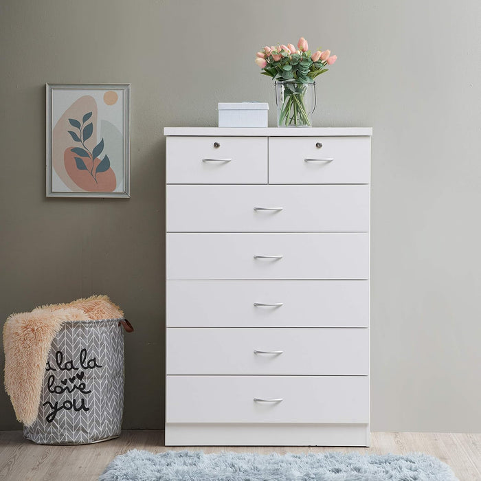 HODEDAH 7 Drawer Wood Dresser for Bedroom, 31.5 inch Wide Chest of Drawers, with 2 Locks on the Top Drawers, Storage Organization Unit for Clothing, White - new