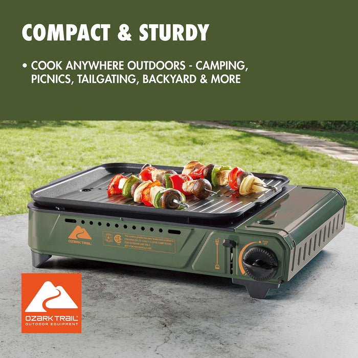 Ozark Trail Outdoor Butane Griddle, 7650 BTU, 15"x12" Cast Aluminum Griddle Fits 4 Burgers, CSA Approved, Green Color - new