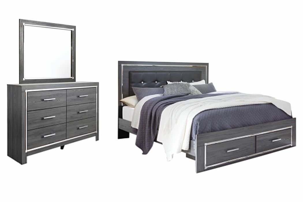 Lodanna Gray Lodanna King Panel Bed with 2 Storage Drawers with Mirrored Dresser
