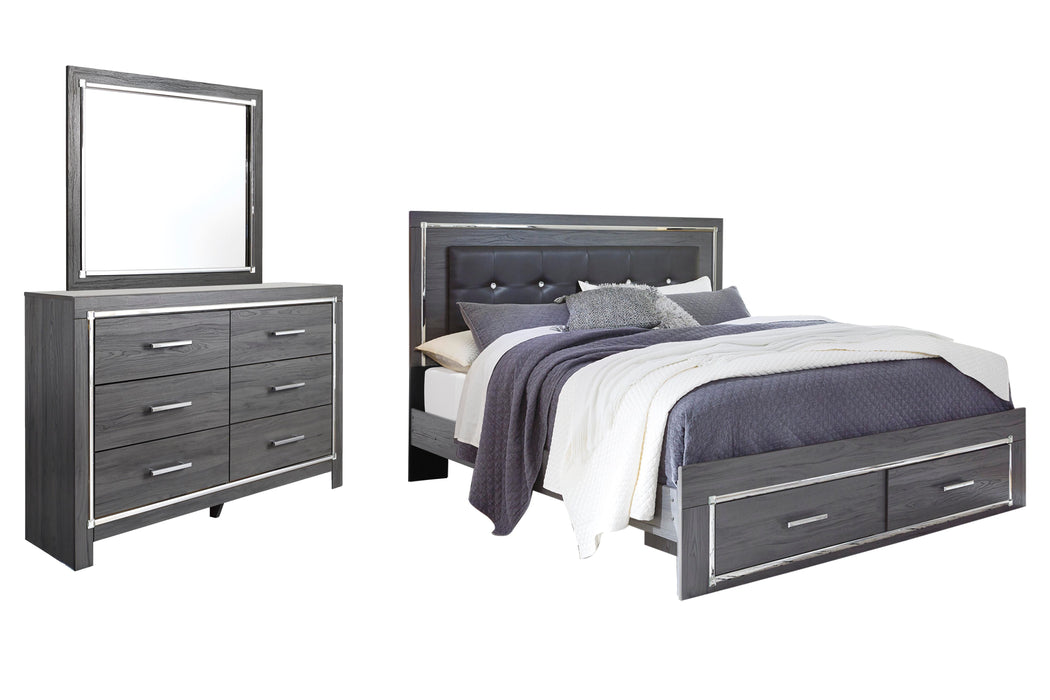 Lodanna Gray Lodanna King Panel Bed with 2 Storage Drawers with Mirrored Dresser