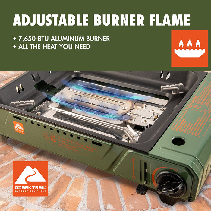 Ozark Trail Outdoor Butane Griddle, 7650 BTU, 15"x12" Cast Aluminum Griddle Fits 4 Burgers, CSA Approved, Green Color - new