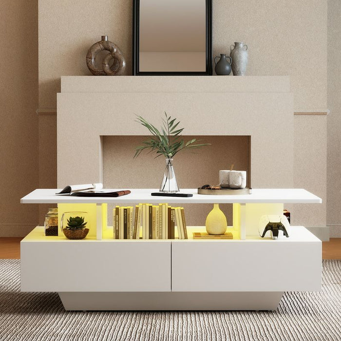 35.4" Modern High Glossy Rectangular Coffee Table with LED Light and Drawers - new