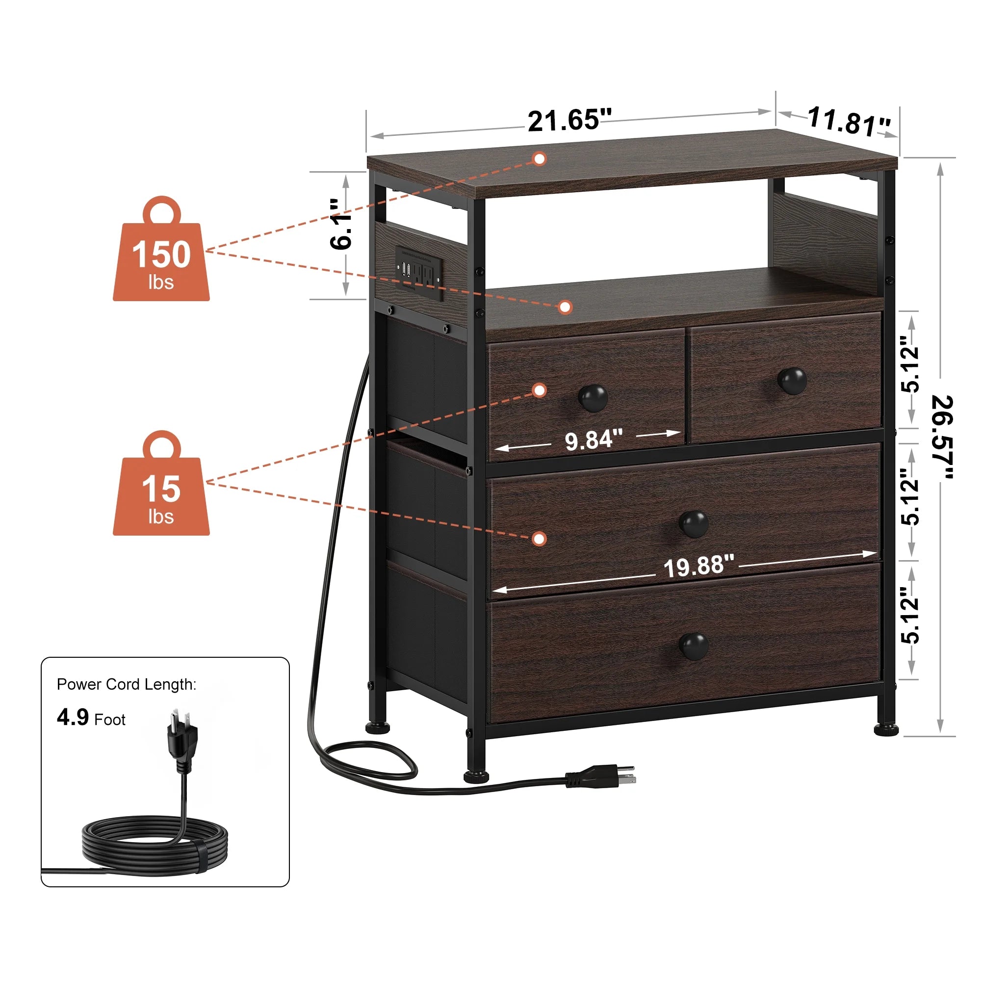 GUNAITO Nightstand with 4 Drawers Bedside Table with Charging Station and Led Lights End Table with Storage Shelf for Living Room Brown - new