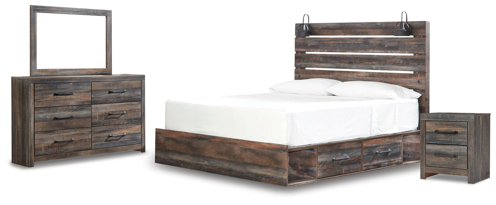 Drystan Multi Drystan King Panel Bed with 2 Storage Drawers with Mirrored Dresser and Nightstand
