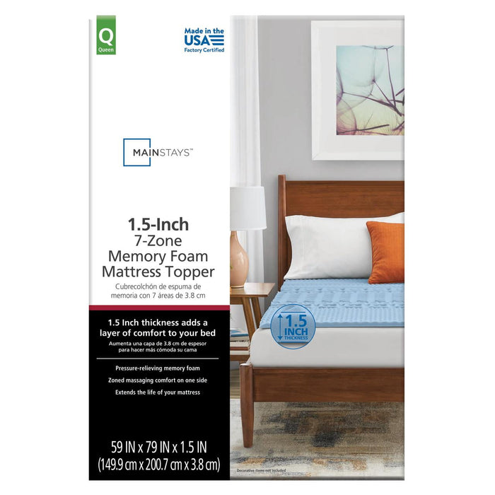 Mainstays 1.5” 7-Zone Reversible Memory Foam Mattress Topper, Queen - new