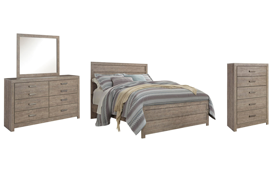 Culverbach Gray Culverbach Queen Panel Bed with Mirrored Dresser and Chest