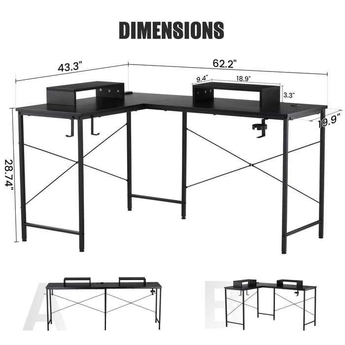 GTRACING L-Shaped Gaming Desk with RGB Light and Removable Storage Stands, Black - open_box