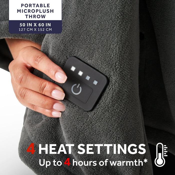Sunbeam On-the-Go Cordless Heated Throw Blanket Microplush Gray 4 Heat Settings 50" x 60" - new