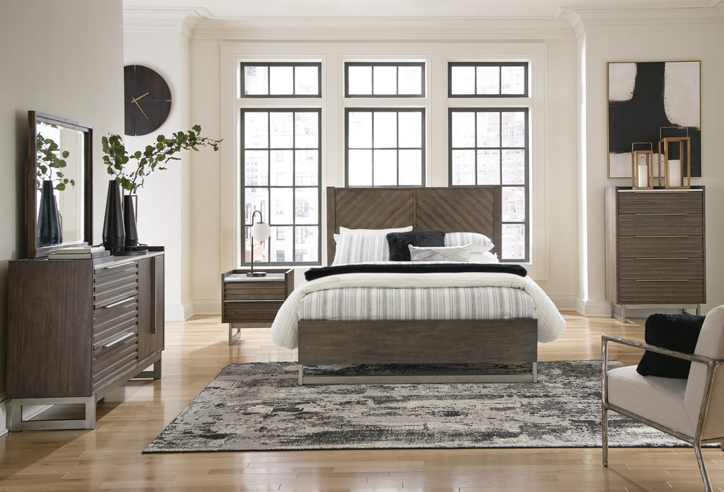 Arkenton Grayish Brown Arkenton Queen Panel Bed with Mirrored Dresser, Chest and Nightstand