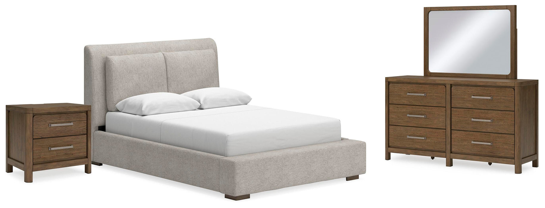 Cabalynn Light Brown Cabalynn Queen Upholstered Bed with Mirrored Dresser and Nightstand