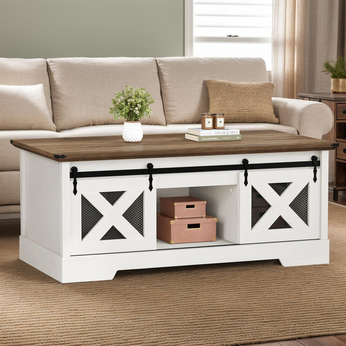 DWVO Farmhouse Lift Top Coffee Table with Storage & Sliding Door, Rustic Center Table for Living Room, White and Brown - open_box