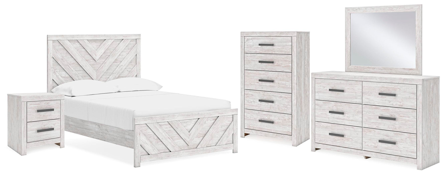 Cayboni Whitewash Cayboni Full Panel Bed, Dresser, Mirror, Chest and Nightstand