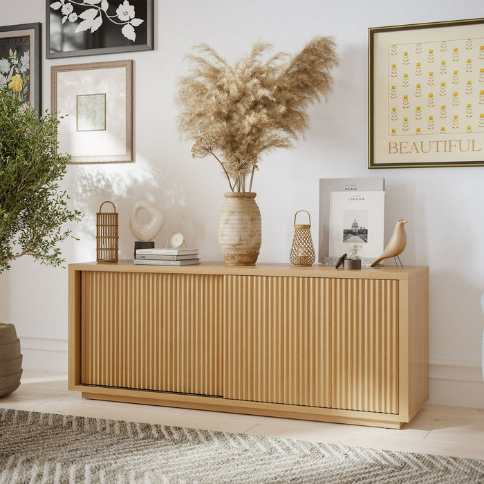 Beautiful Fluted TV Stand for TVs up to 70 by Drew Barrymore, Warm Honey Finish - new