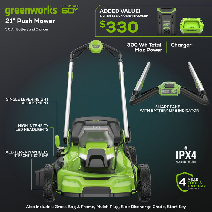 Greenworks 60V 21" Push Lawn Mower + (1) 5.0 Ah  1 Battery Included / Charger Not Included - use_like_new