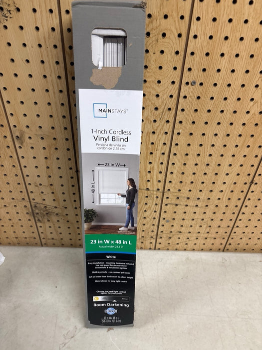 Mainstays 1" Cordless Vinyl Room Darkening Blinds, White, 23"W x 48"L - new