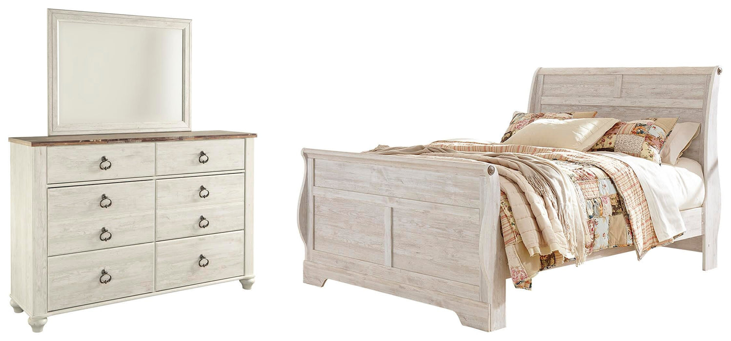 Willowton Whitewash Willowton Queen Sleigh Bed with Mirrored Dresser - Brand New