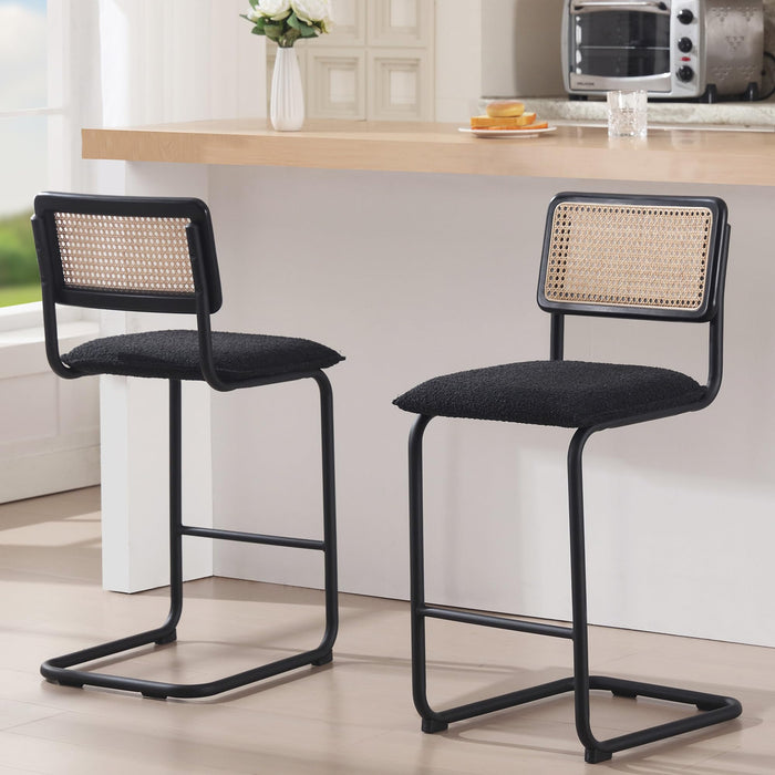 Zesthouse Boucle Bar Stools Counter Height Set of 2, 26'' Rattan Barstools with Wooden Back & Natural Cane Mesh, Mid Century Cantilevered Design Counter Stools for Kitchen Island, Chrome Bas
