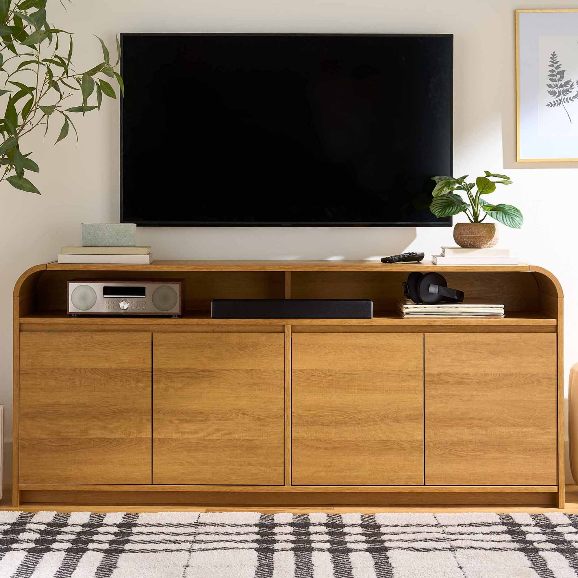 Better Homes & Gardens Juliet Curved TV Stand for TVs up to 75”, Light Honey Finish - new