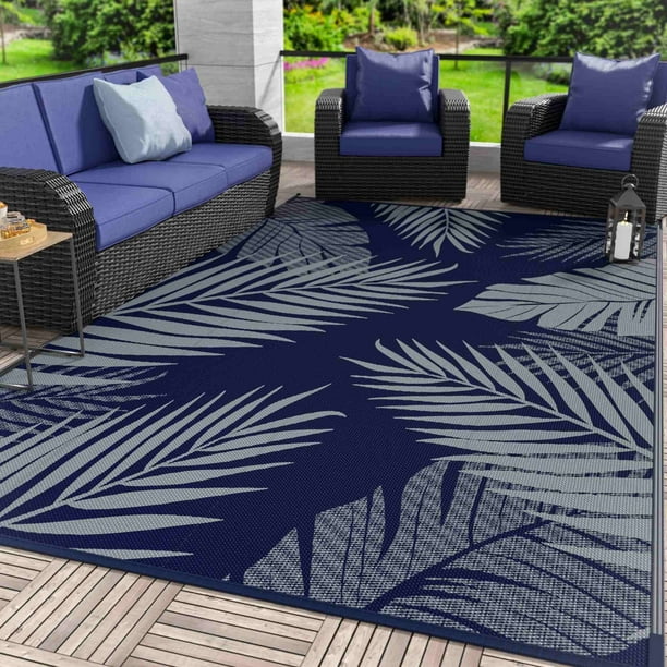 DEORAB 6'x9' Outdoor Rugs Patio Waterproof Outside Mat Reversible Plastic Camping Carpet,Blue & Grey - new