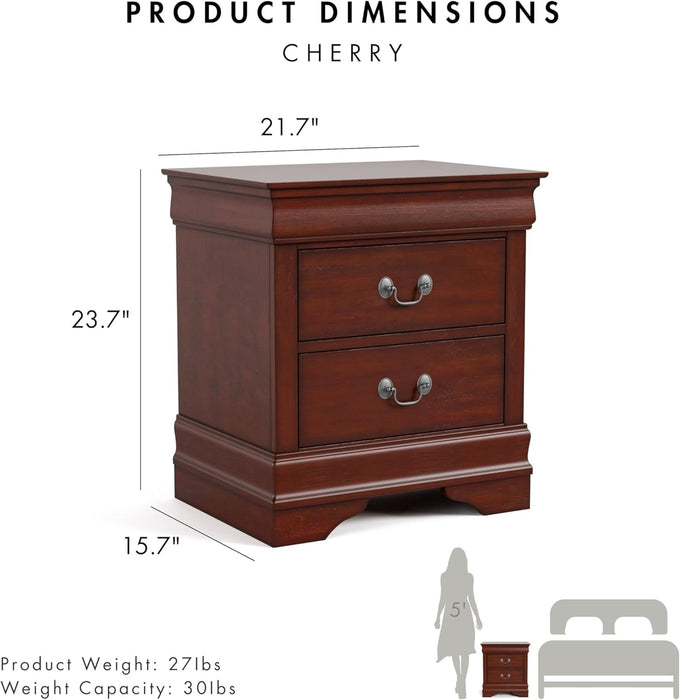 Furniture of America Arabella Traditional Solid Wood Nightstand with Drawers and Antique Nickle Handles, Small Bedside Table, No Assembly Wooden Night Stand for Bedroom, Guest Room, Dorm, Cherry -