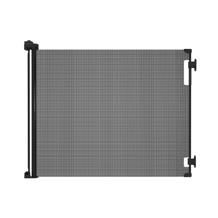 Retractable Baby Gate Perma Child Safety 33" Tall x 71” Wide, Mesh, for Stairs, Doorways, Dogs, Pets, Indoor, Outdoor, One-Handed Operation, Locking, Easy Install, Hardware Mount, Black -
