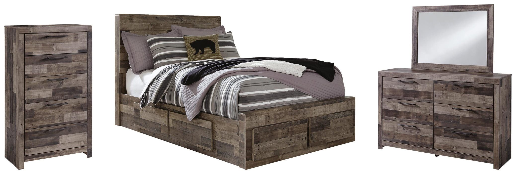 Derekson Multi Gray Derekson Full Panel Bed with 6 Storage Drawers with Mirrored Dresser and Chest