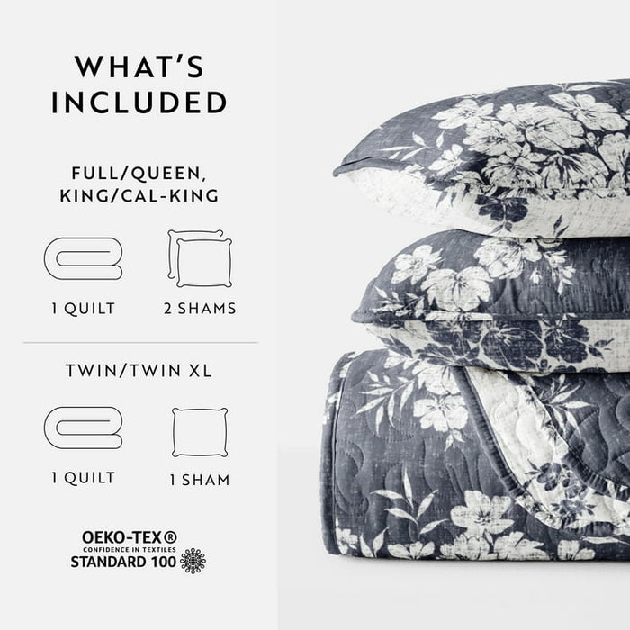 Noble Linens 3-Piece Navy Distressed Bouquet Reversible Quilt Set, Queen - open_box