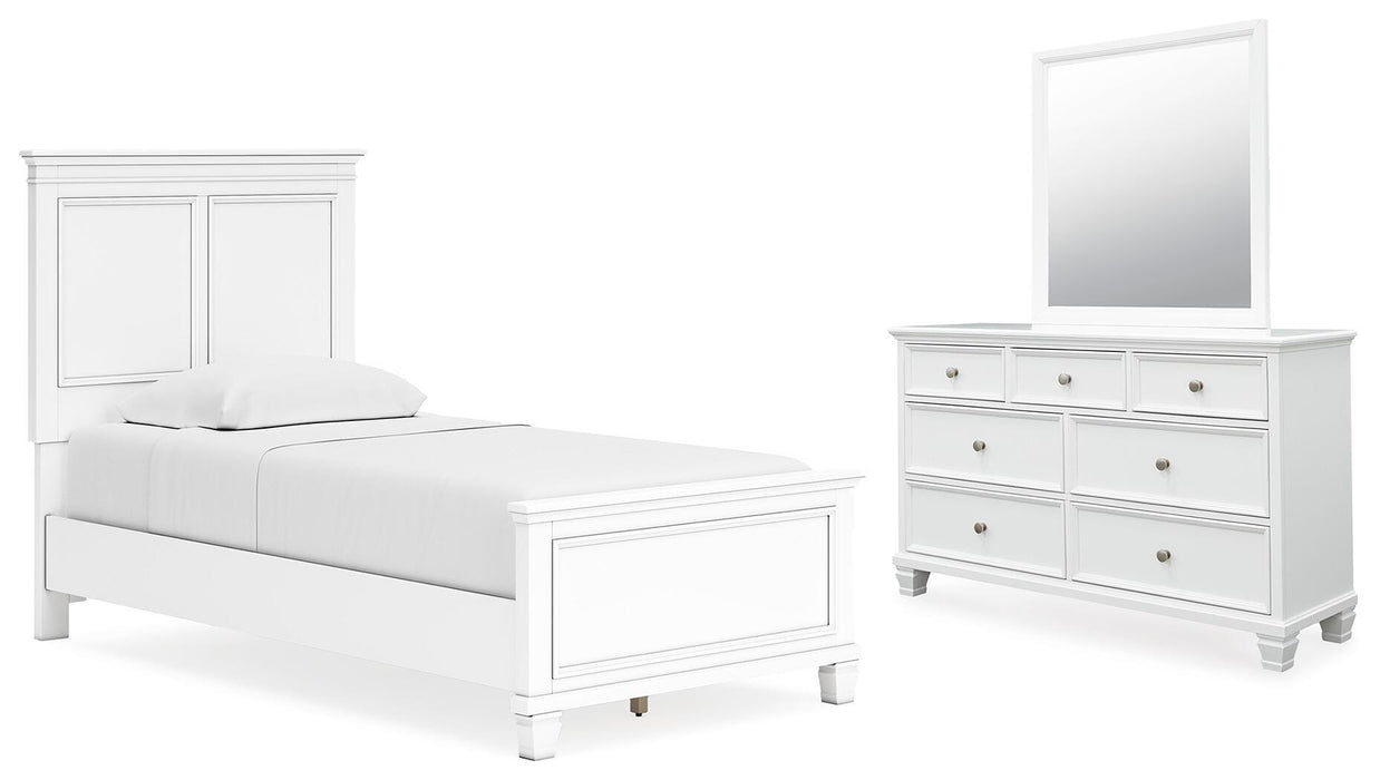 Fortman White Fortman Twin Panel Bed with Mirrored Dresser - Brand New