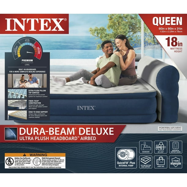 Intex Headboard 18" Queen Dura-Beam Deluxe Raised Air Bed Mattress with Built-in Pump - use_like_new