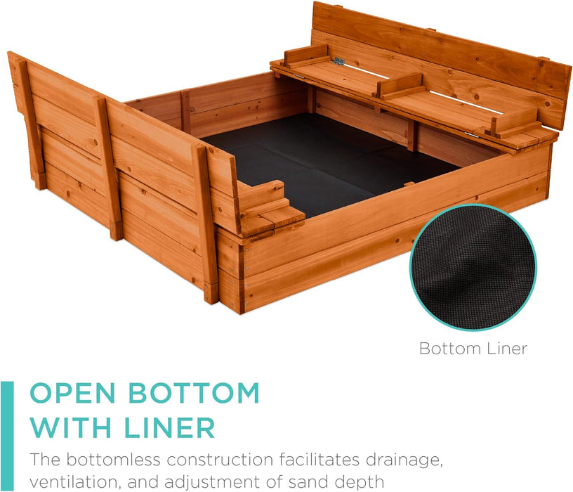 Best Choice Products Kids' Outdoor Wooden Sandbox Large, Cedar Wood with Foldable Bench Seats and Sand Protection, Bottom Liner Included - Brown - open_box