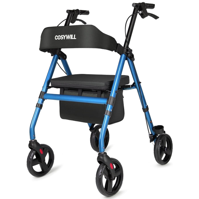 COSYWILL Rollator Walker with Seat,Foldable Mobility Walker with Durable Steel,Rolling Walker with 8" Wheels for All Terrain,Adjustable Height,300 lbs,Blue - open_box