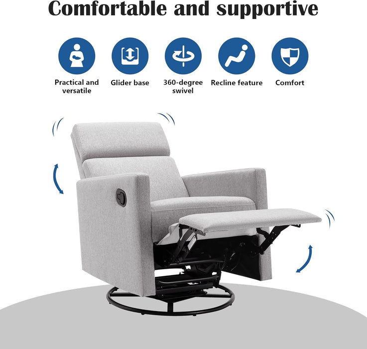 Merax Gray Modern Upholstered Manual Swivel Recliner Chair w/Headsupport Adjustable Nursery Glider Rocker for Living Room, Bedroom, Set of 1 - new