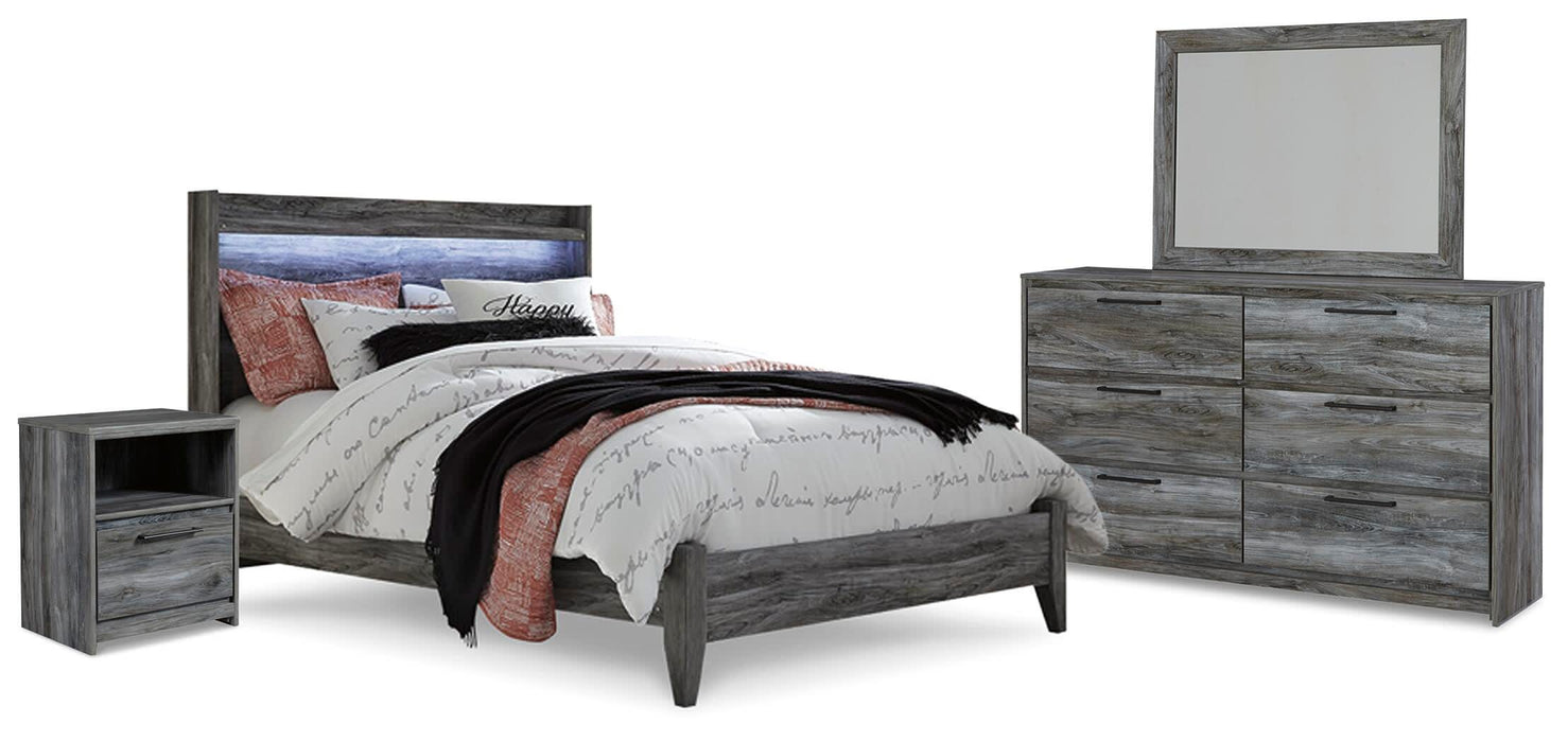 Baystorm Gray Baystorm Queen Panel Bed with Mirrored Dresser and Nightstand