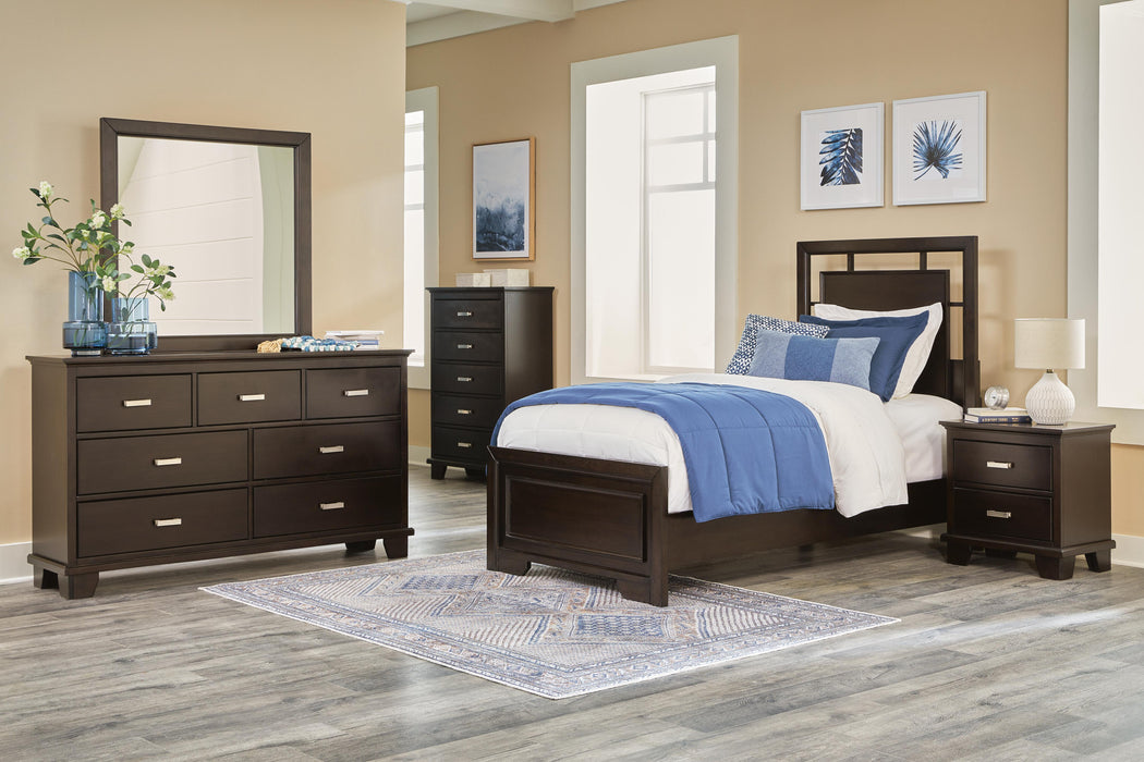 Covetown Dark Brown Covetown Twin Panel Bed, Dresser, Mirror, Chest and Nightstand