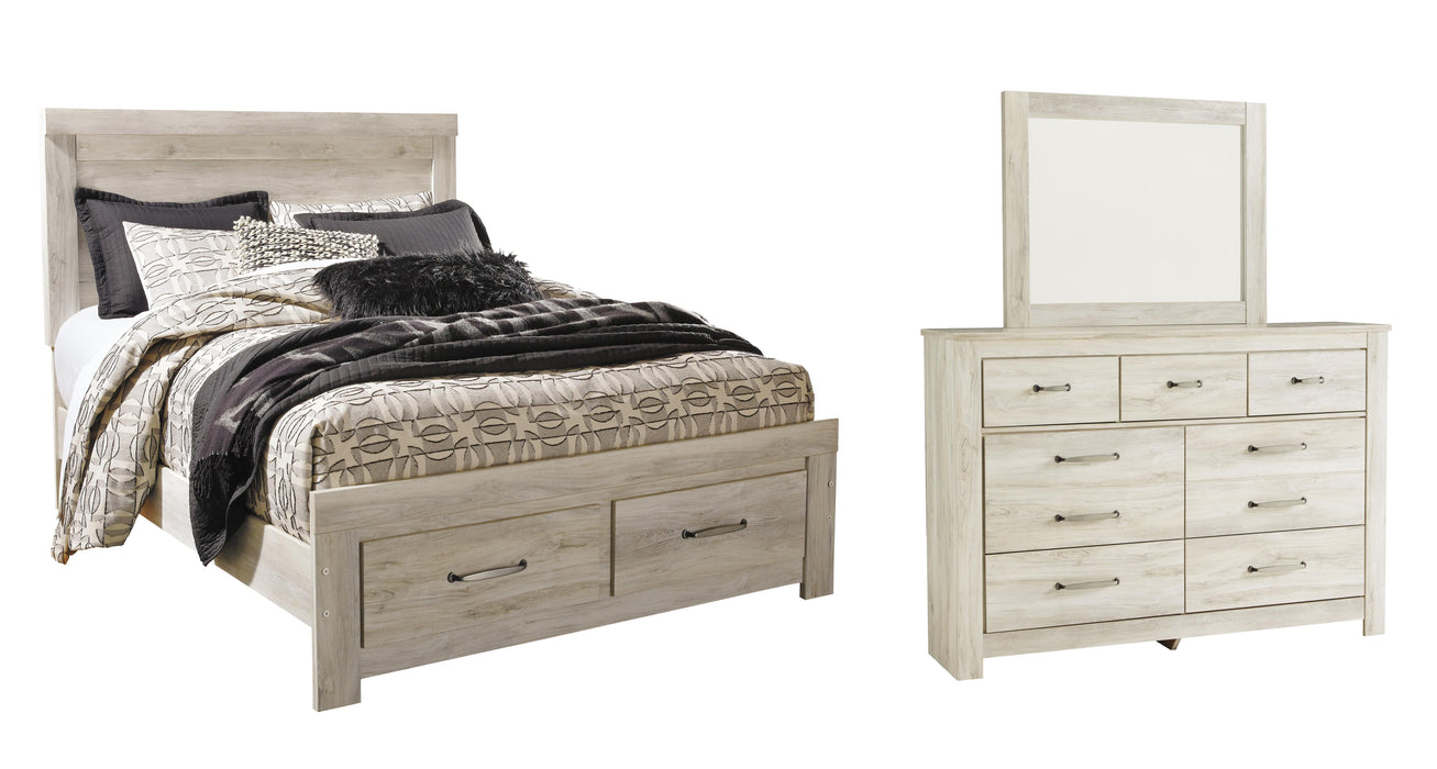 Bellaby Whitewash Bellaby Queen Platform Bed with 2 Storage Drawers with Mirrored Dresser - Brand New