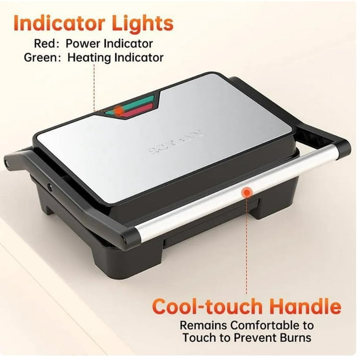SOKANY Indoor Grill, Panini Press, Sandwich Maker with Indicator Lights, 850 Watt Electric Panini Press, Sandwich Press, Non-Stick Coated Plates, Cool Touch Handle, SK-223 - open_box