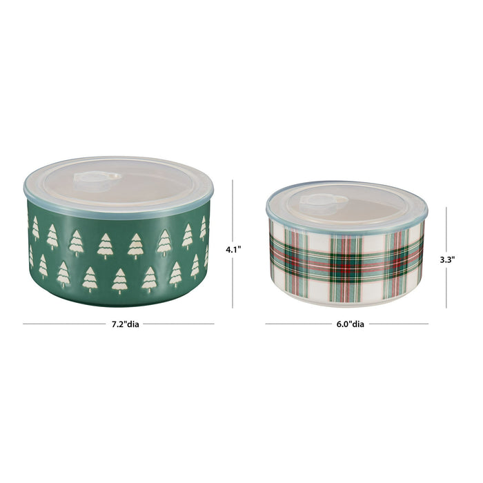 Holiday Time 4-Piece Trees & Plaid Glazed Stoneware Bake & Store Containers Set, Multicolor - new