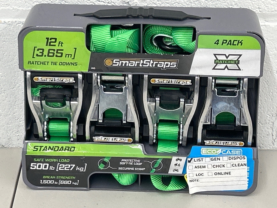 SmartStraps 1 in. x 12 ft. Green RatchetX Standard Duty Ratchet Tie Down Straps, Padded Handle, 500 lb. Safe Work Load - 4 Pack - new